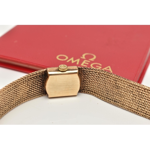 10 - A LADYS 9CT GOLD 'OMEGA' WRISTWATCH, manual wind, gold square dial signed 'Omega', baton markers, po... 