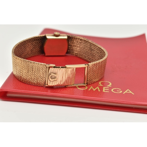 10 - A LADYS 9CT GOLD 'OMEGA' WRISTWATCH, manual wind, gold square dial signed 'Omega', baton markers, po... 