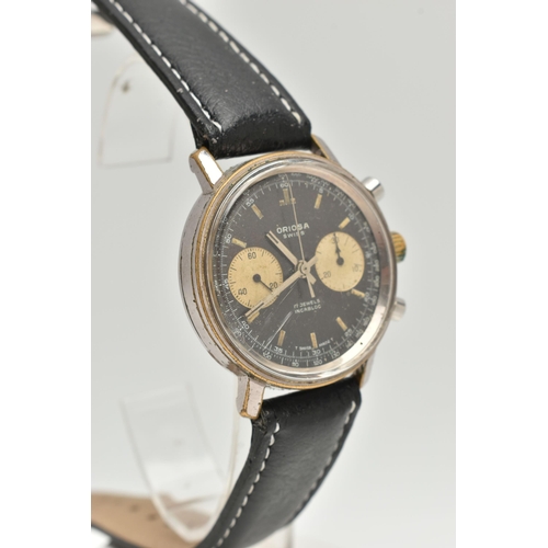 15 - A CHROME PLATED HAND WOUND ORIOSA TWIN DIAL CHRONOGRAPH WRISTWATCH, black dial with discoloured subs... 