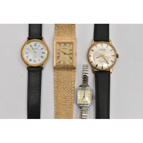 16 - FOUR WRISTWATCHES, to include a manual wind 'Montine' watch, round silver dial, baton markers, black... 