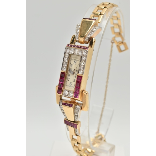 18 - A LADYS YELLOW METAL DIAMOND AND RUBY SET WRISTWATCH, Art Deco design, rectangular dial, Arabic nume... 