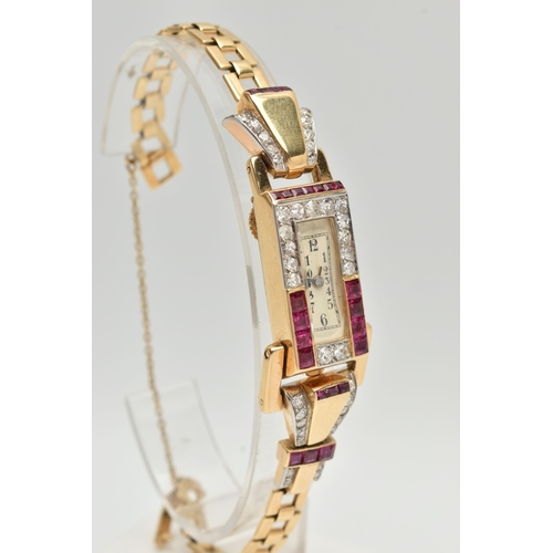 18 - A LADYS YELLOW METAL DIAMOND AND RUBY SET WRISTWATCH, Art Deco design, rectangular dial, Arabic nume... 