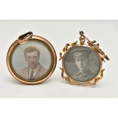 21 - TWO EARLY 20TH CENTURY PHOTO LOCKETS, the first a rolled gold circular locket with double photo comp... 