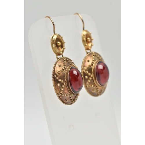 22 - A PAIR OF VICTORIAN GARNET DROP EARRINGS, each of an oval form set with an oval cut garnet cabochon,... 