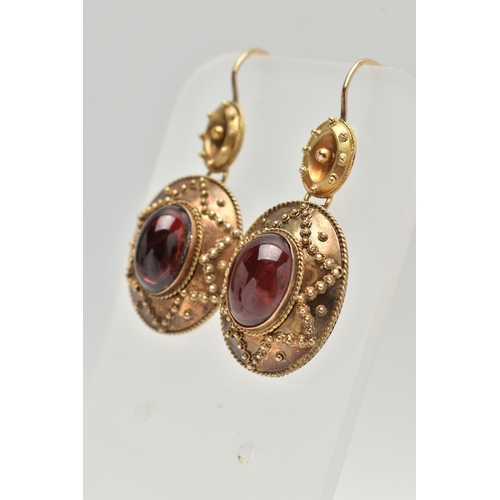 22 - A PAIR OF VICTORIAN GARNET DROP EARRINGS, each of an oval form set with an oval cut garnet cabochon,... 