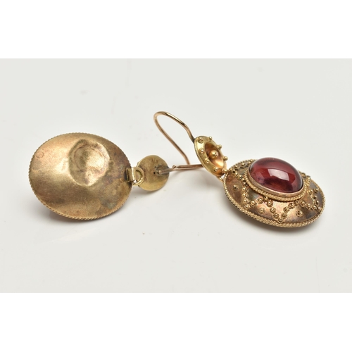 22 - A PAIR OF VICTORIAN GARNET DROP EARRINGS, each of an oval form set with an oval cut garnet cabochon,... 