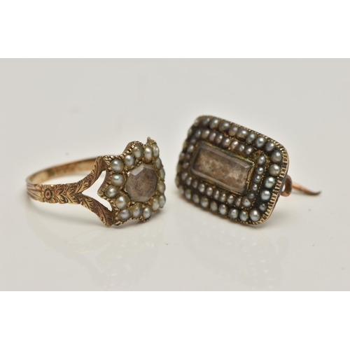 26 - A VICTORIAN MOUNRING RING AND A BROOCH, the ring set with a weaved hair insert to the centre in a su... 