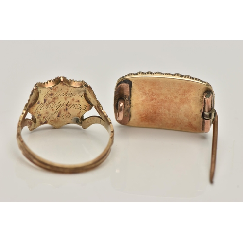 26 - A VICTORIAN MOUNRING RING AND A BROOCH, the ring set with a weaved hair insert to the centre in a su... 