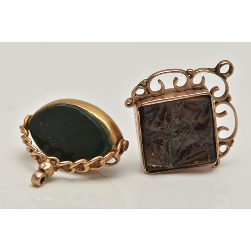 28 - TWO 9CT GOLD FOBS, the first a swivel fob of a lozenge form set with bloodstone and carnelian inlays... 