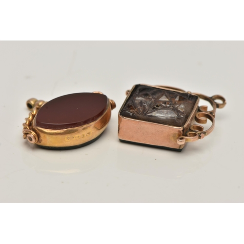 28 - TWO 9CT GOLD FOBS, the first a swivel fob of a lozenge form set with bloodstone and carnelian inlays... 