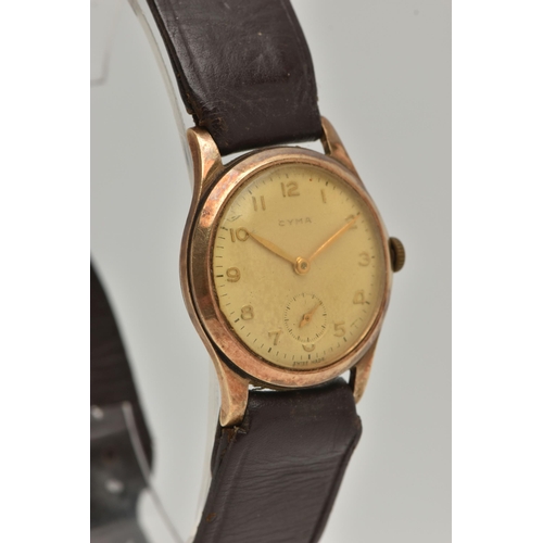 31 - A GENTS 9CT GOLD 'CYMA' WRISTWATCH, manual wind, round silver dial signed 'Cyma', Arabic numerals, s... 