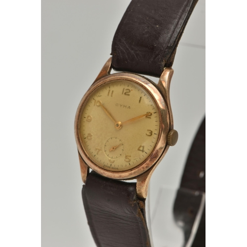 31 - A GENTS 9CT GOLD 'CYMA' WRISTWATCH, manual wind, round silver dial signed 'Cyma', Arabic numerals, s... 