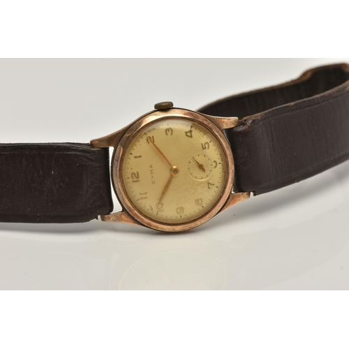 31 - A GENTS 9CT GOLD 'CYMA' WRISTWATCH, manual wind, round silver dial signed 'Cyma', Arabic numerals, s... 