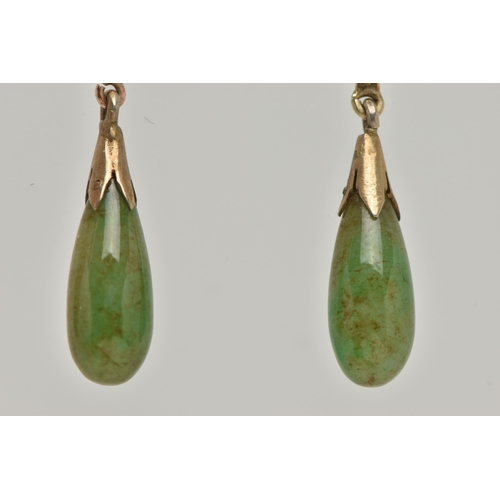 32 - A PAIR OF JADE DROP EARRINGS, carved polished jade tear drops with yellow metal oriental designed su... 