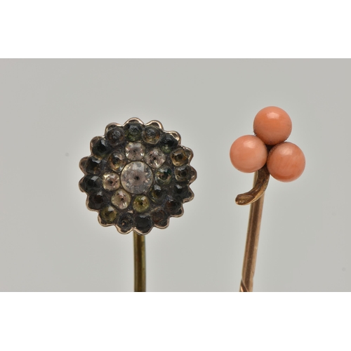 36 - TWO YELLOW METAL STICK PINS, the first set with coral cabochons, unmarked pin, the second of a circu... 