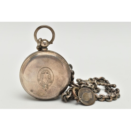 40 - A SILVER OPEN FACE POCKET WATCH AND ALBERT CHAIN, key wound open face pocket watch, white dial signe... 