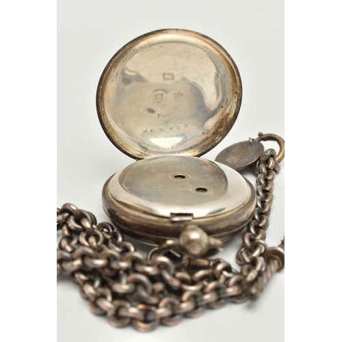 40 - A SILVER OPEN FACE POCKET WATCH AND ALBERT CHAIN, key wound open face pocket watch, white dial signe... 