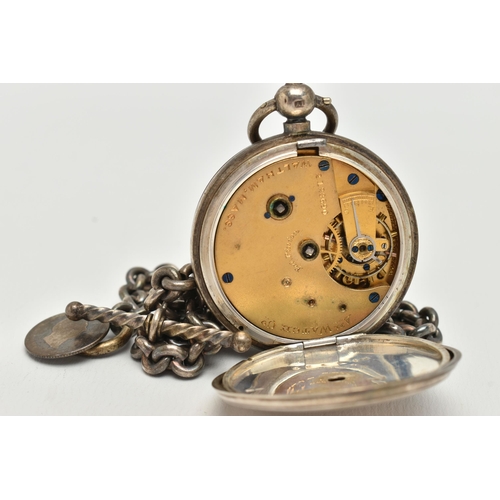 40 - A SILVER OPEN FACE POCKET WATCH AND ALBERT CHAIN, key wound open face pocket watch, white dial signe... 