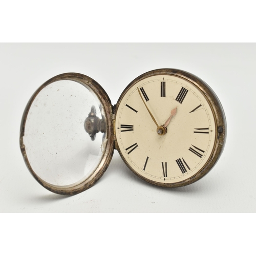 42 - AN EARLY VICTORIAN SILVER OPEN FACE POCKET WATCH, the white dial with black Roman numerals, silver h... 