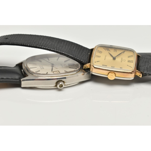 44 - TWO OMEGA WRISTWATCHES, the first an Omega Geneve with a square face and black Roman numerals, to th... 