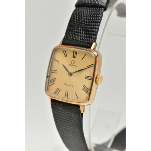 44 - TWO OMEGA WRISTWATCHES, the first an Omega Geneve with a square face and black Roman numerals, to th... 