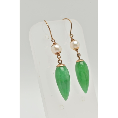 45 - A PAIR OF JADE AND CULTURED PEARL DROP EARRINGS, designed as a jade drop suspended from a cultured p... 