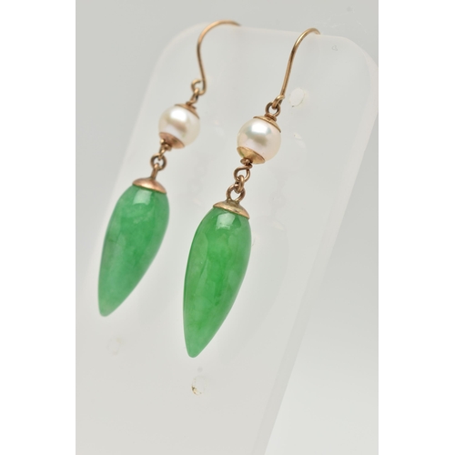 45 - A PAIR OF JADE AND CULTURED PEARL DROP EARRINGS, designed as a jade drop suspended from a cultured p... 