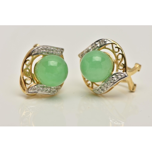 48 - A PAIR OF JADE AND DIAMOND EARRINGS, each designed as a central jade sphere within a scrolling and d... 