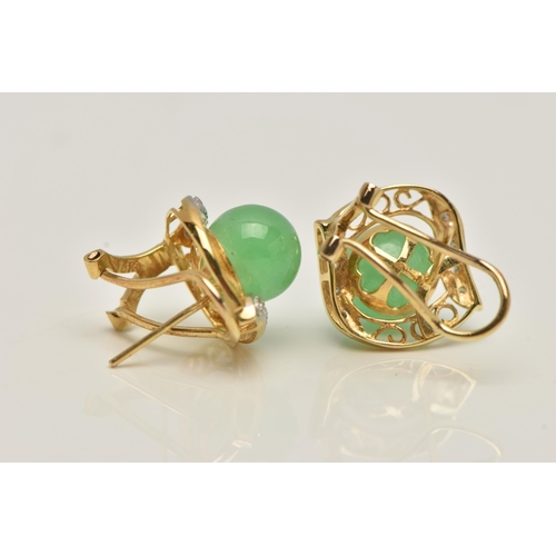 48 - A PAIR OF JADE AND DIAMOND EARRINGS, each designed as a central jade sphere within a scrolling and d... 