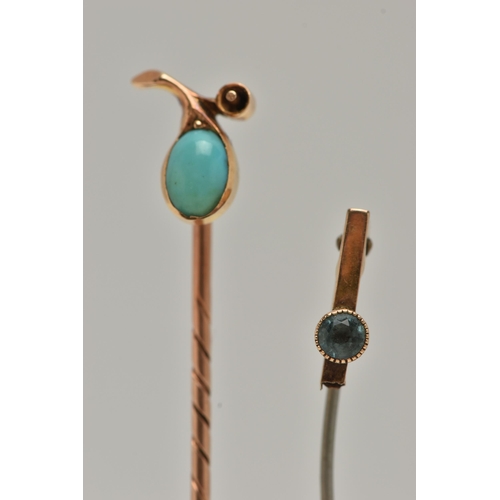 50 - A STICKPIN AND A BROKEN BROOCH, the stickpin set with an oval turquoise cabochon within a fruit shap... 