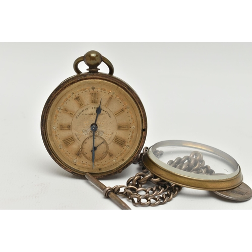 52 - AN OPEN FACE POCKET WATCH, with Roman numerals and subsidiary seconds dial, face stamped Railway Tim... 