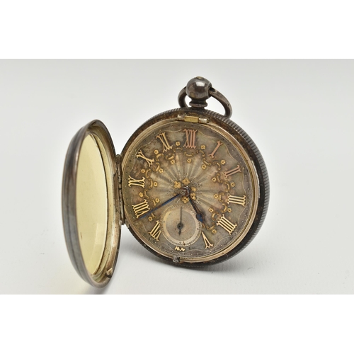 55 - A SILVER CASED OPEN FACE POCKET WATCH, key wound movement, Roman numerals, subsidiary dial at the si... 