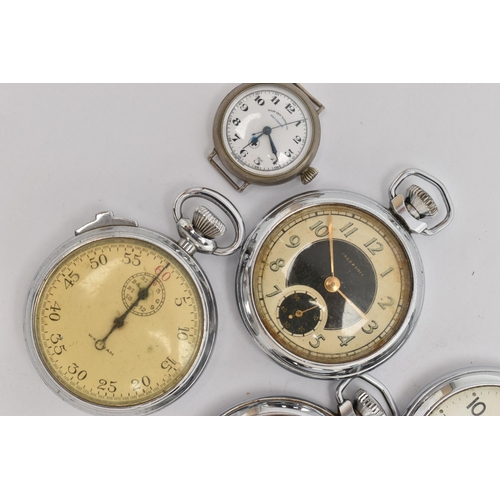 57 - FIVE POCKET WATCHES AND A WATCH HEAD, names to include Ingersoll, Waltham, Services and West End Wat... 