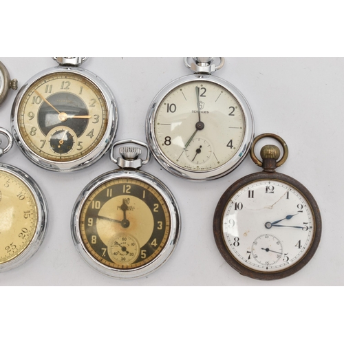 57 - FIVE POCKET WATCHES AND A WATCH HEAD, names to include Ingersoll, Waltham, Services and West End Wat... 