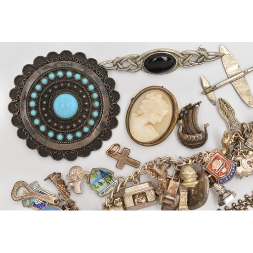 62 - A BAG OF ASSORTED SILVER AND WHITE METAL JEWELLERY, to include a small gold plated cross pendant, a ... 