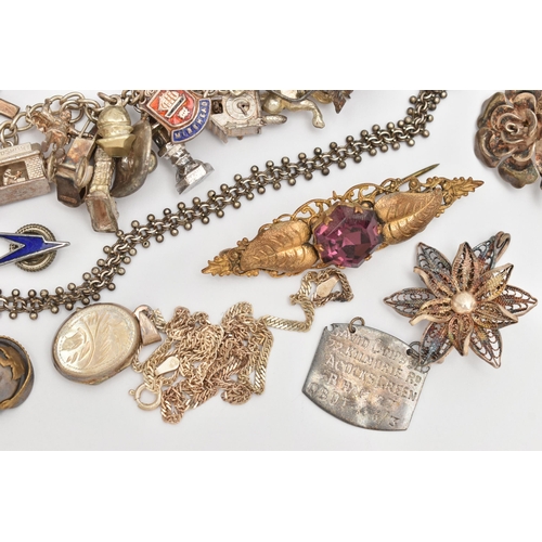 62 - A BAG OF ASSORTED SILVER AND WHITE METAL JEWELLERY, to include a small gold plated cross pendant, a ... 