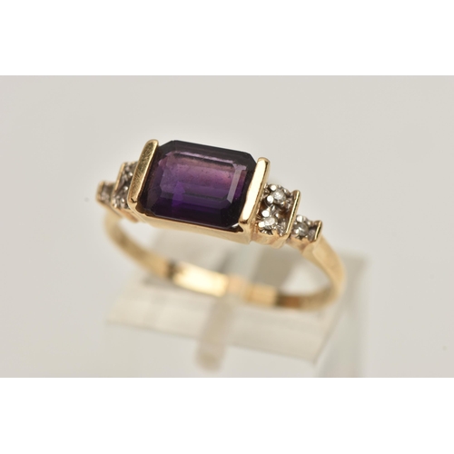 66 - AN AMETHYST AND DIAMOND DRESS RING, rectangular cut deep purple amethyst, half bezel set leading on ... 