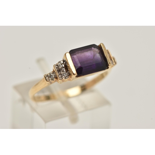 66 - AN AMETHYST AND DIAMOND DRESS RING, rectangular cut deep purple amethyst, half bezel set leading on ... 