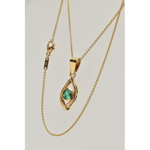 68 - AN EMERALD PENDANT, oval cut emerald, bezel set with an open work mount, large tapered bail, stamped... 