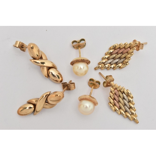 69 - THREE PAIRS OF EARRINGS, two pairs of 9ct gold drop earrings, hallmarked 9ct Birmingham, approximate... 