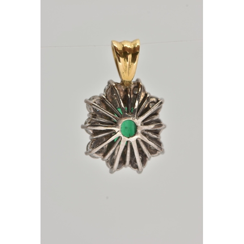 7 - AN EMERALD AND DIAMOND CLUSTER PENDANT, centrally set with a rectangular cut emerald, measuring appr... 