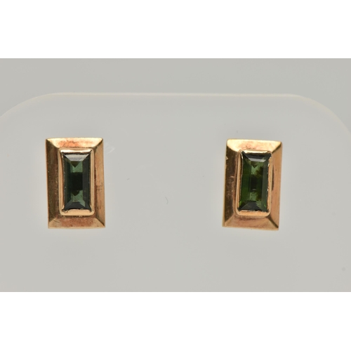 73 - A PAIR OF GREEN TOURMALINE EARRINGS AND BROOCH, rectangular cut tourmalines collet set in yellow met... 