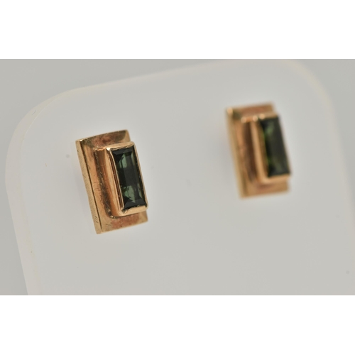 73 - A PAIR OF GREEN TOURMALINE EARRINGS AND BROOCH, rectangular cut tourmalines collet set in yellow met... 