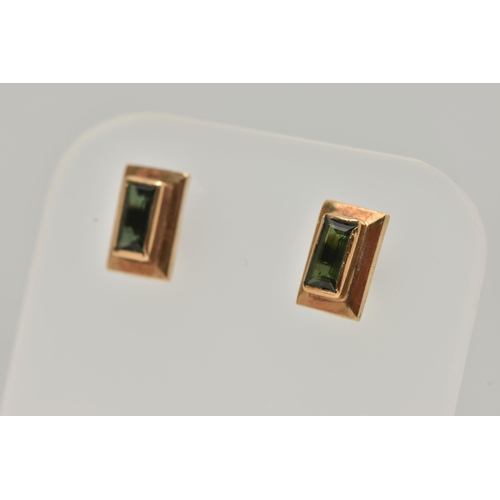 73 - A PAIR OF GREEN TOURMALINE EARRINGS AND BROOCH, rectangular cut tourmalines collet set in yellow met... 