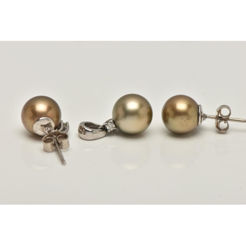 75 - A PAIR OF TAHITIAN PEARL EARRINGS AND A PENDANT, brown Tahitian pearl earrings with a round brillian... 