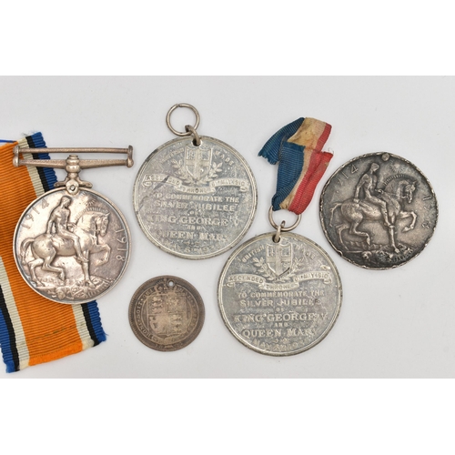 108 - A MEDAL, COMMEMORATIVE MEDALS AND COINS, to include a WWI 1914-1918 medal unassigned with ribbon, wi... 