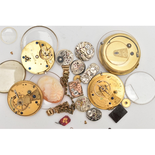 109 - A BAG OF WATCH PARTS, used conditions, require attention, movements, glass fronts, dials, also inclu... 