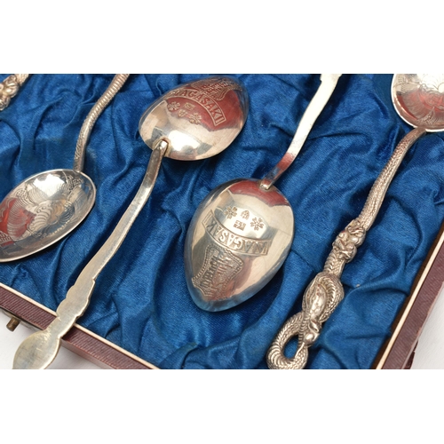 122 - A CASED SET OF SIX JAPANESE NAGASAKI TEA SPOONS, white metal teaspoons with etched detail and serpen... 