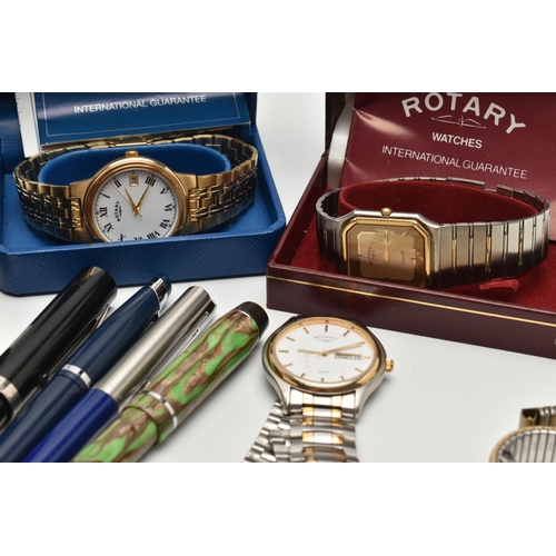 126 - A BOX OF ASSORTED WATCHES, WATCH PARTS AND PENS, to include three 'Rotary' wrist watches, a 'Michael... 