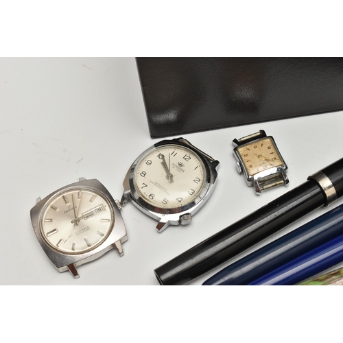 126 - A BOX OF ASSORTED WATCHES, WATCH PARTS AND PENS, to include three 'Rotary' wrist watches, a 'Michael... 